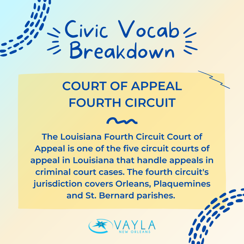 Civic Vocab Breakdown - Court of Appeal Fourth Circuit
The Louisiana Fourth Circuit Court of Appeal is one of the five circuit courts of appeal in Louisiana that handle appeals in criminal court cases. The fourth circuit's jurisdiction covers Orleans, Plaquemines and St. Bernard parishes.