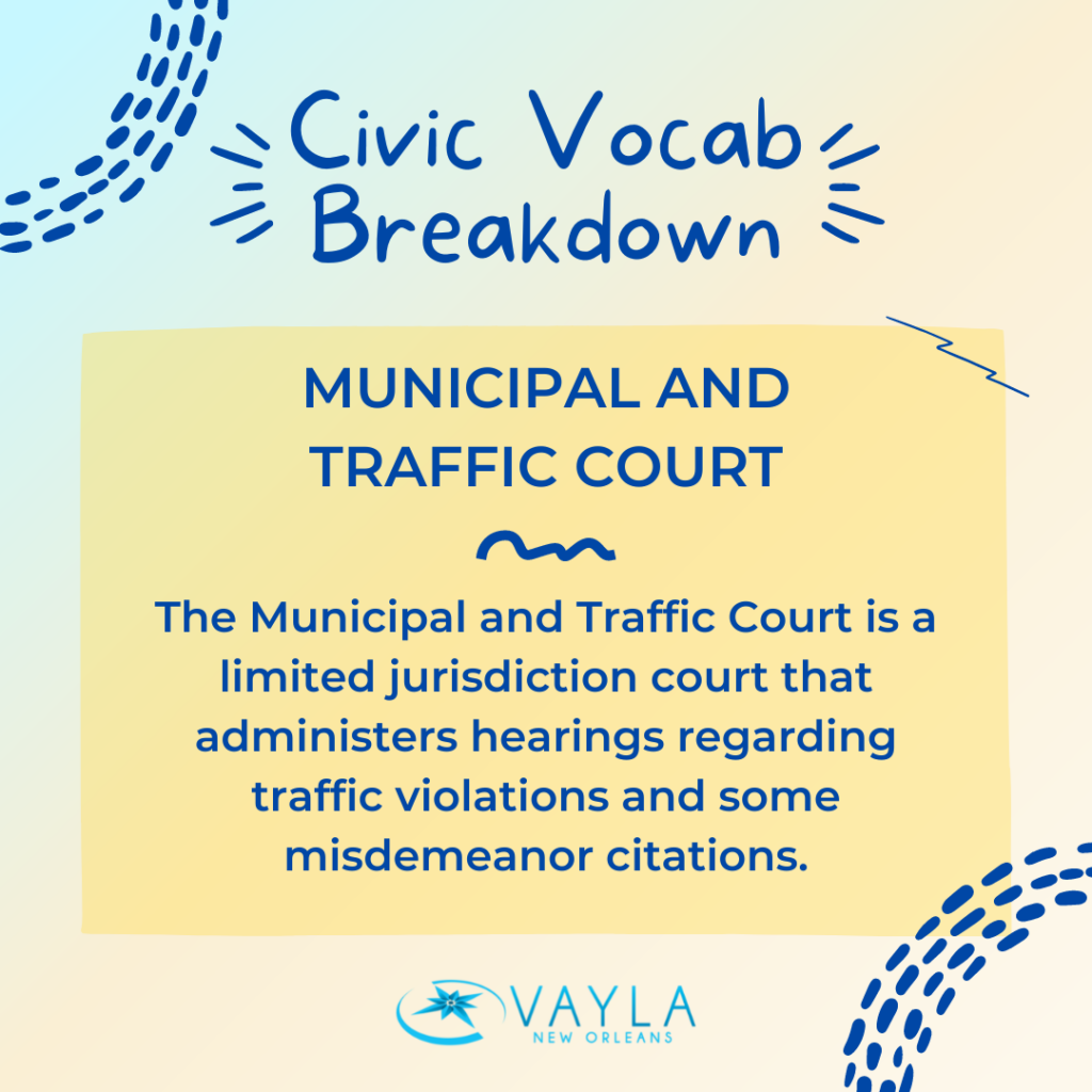 Civic Vocab Breakdown - Municipal and Traffic Court
The Municipal and Traffic Court is a limited jurisdiction court that administers hearings regarding traffic violations and some misdemeanor citations.