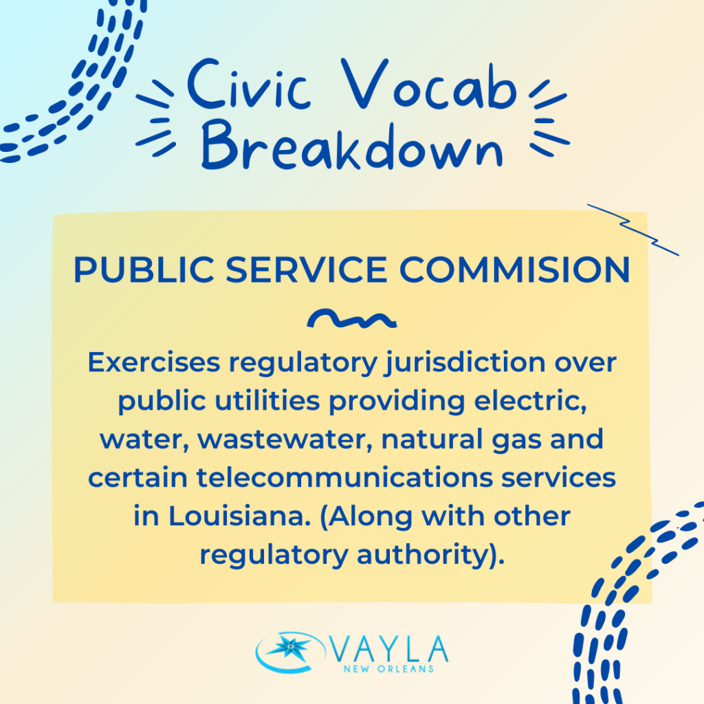Civic Vocab Breakdown - Public Service Commision
Exercises regulatory jurisdiction over public utilities providing electric, water, wastewater, natural gas and certain telecommunications services in Louisiana. (Along with other regulatory authority).