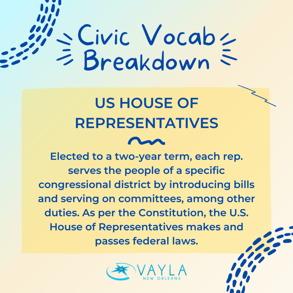 Civic Vocab Breakdown - US House of Representatives
Elected to a two-year term, each rep. serves the people of a specific congressional district by introducing bills and serving on committees, among other duties. As per the Constitution, the U.S. House of Representatives makes and passes federal laws.