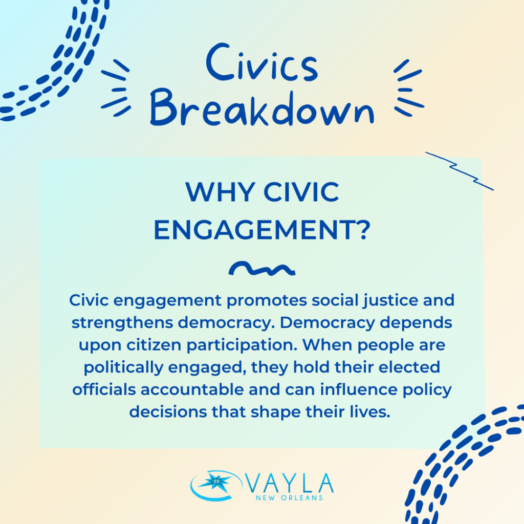 Why Civic Engagement?
Civic engagement promotes social justice and strengthens democracy. Democracy depends upon citizen participation. When people are politically engaged, they hold their elected officials accountable and can influence policy decisions that shape their lives. 