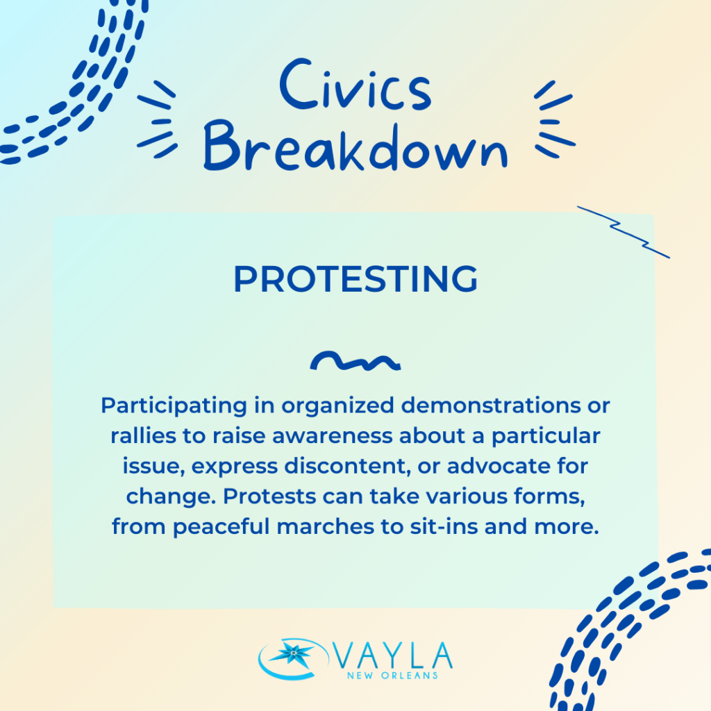 Protesting
Participating in organized demonstrations or rallies to raise awareness about a particular issue, express discontent, or advocate for change. Protests can take various forms, from peaceful marches to sit-ins and more.
